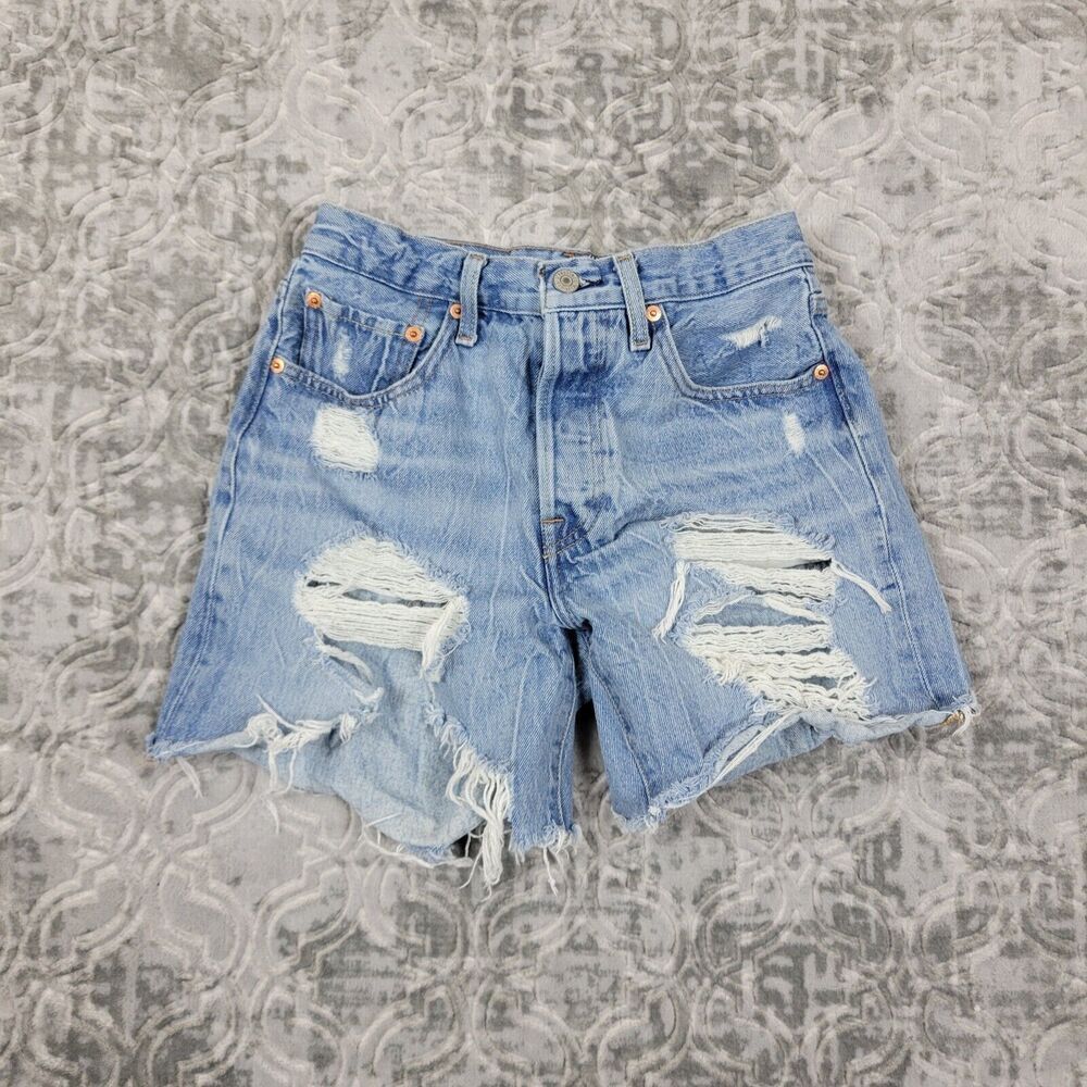 Levi's 501 Shorts Womens 26 Blue Premium Denim Button Fly Cut Off Distressed - Picture 1 of 12